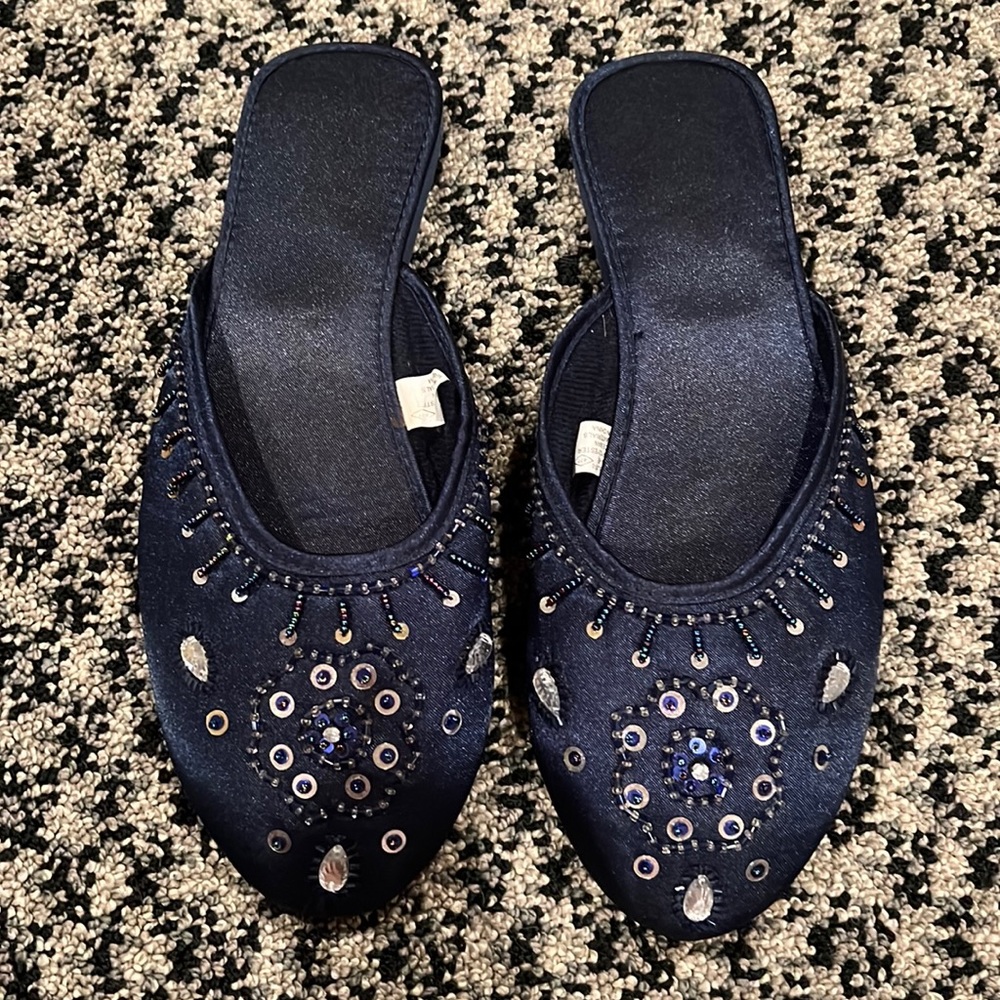 Navy Blue Embellished Satin Slippers Size 8/9